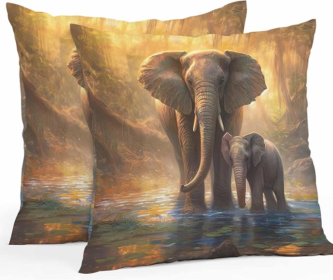 Elephant Outdoor Pillow Covers Pack of 2 Animal Forest River Yellow Oil Painting Waterproof Throw Pillow Covers Decorative Cushion Cases for Patio Garden Tent Balcony Couch 26x26 inch