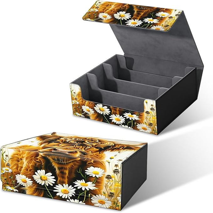 Card Deck Box for MTG, Cards Storage Box Fits 120+ Sleeved, Leather Big Size Strong Magnetic Closing Case for Board Games Magic TCG CCG Baseball Collection Women Man, Flower Yellow Cow