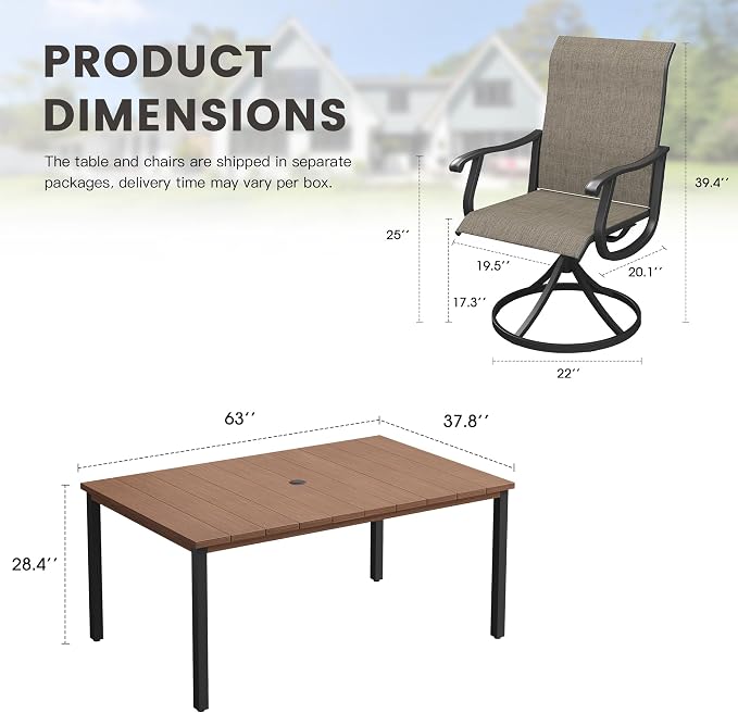 Outdoor Dining Set for 6, 63" Metal Outdoor Dining Table with Umbrella Hole and Sling Patio Swivel Chairs, 7 Pieces Patio Table and Chairs Set for Garden Backyard, Mixed Brown and Walnut