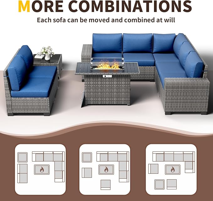 Patio Furniture with Fire Pit Table,8‘’ Wide armrest Outdoor Sectional Rattan Sofa Set, Wicker Patio Furniture Sets w/Coffee Table,Thick Cushions and Cover for Porch, Deck, 9 PC (Grey&Navy)