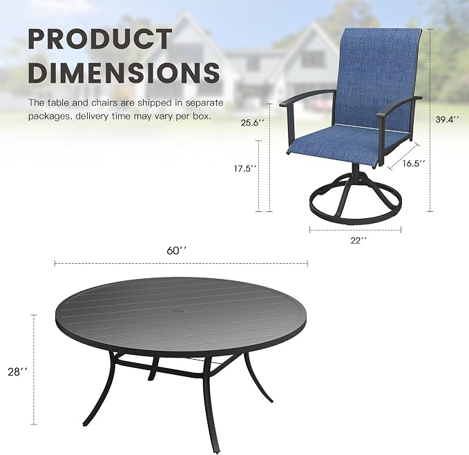 9 Pieces Round Patio Dining Set, Outdoor Furniture of 60" Round Patio Table and Patio Swivel Chairs for Backyard Lawn Garden, Black Table and Dark Blue Chairs