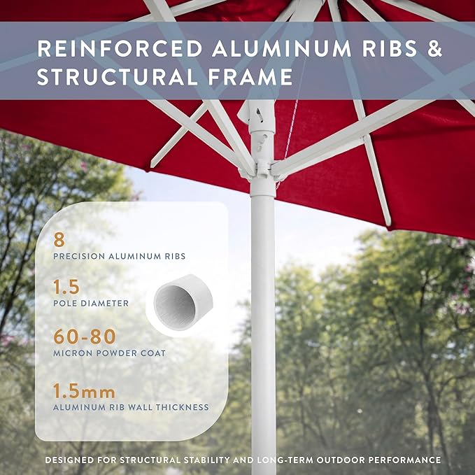 California Umbrella 10-Year Protection 9 Ft Outdoor Patio Umbrella, Pacifica Fade-Resistant Fabric, Auto-Tilt, Heavy Duty Aluminum Frame, 8 Reinforced Ribs for Pool or Deck, White Pole, Red