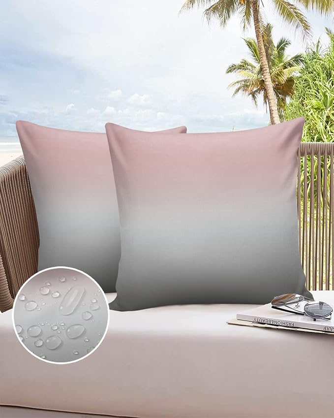 Outdoor Waterproof Throw Pillow Covers Set of 2 Pink and Grey Ombre Pillowcases 24x24 Inches Gradient Gradual Color Patio Decorative Pillows Cushion Case Patio Pillows for Couch Bed Chair Garden