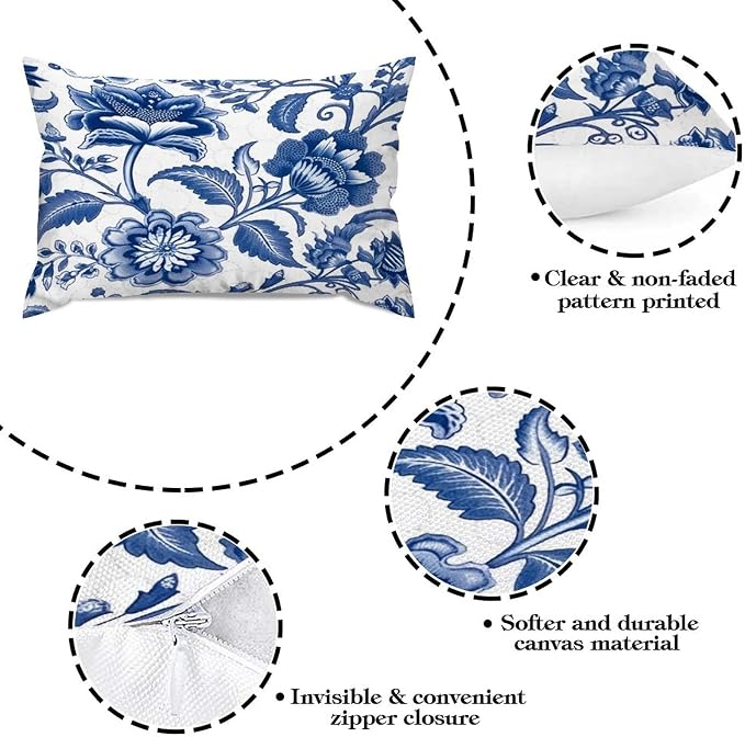 Set of 2 Blue and Ivory Indigo Floral Pillow Cases 12x18in Cushion Covers Farmhouse Pillows Covers for Couch Living Room Office Soft Rectangle Accent Pillowcase for Kids