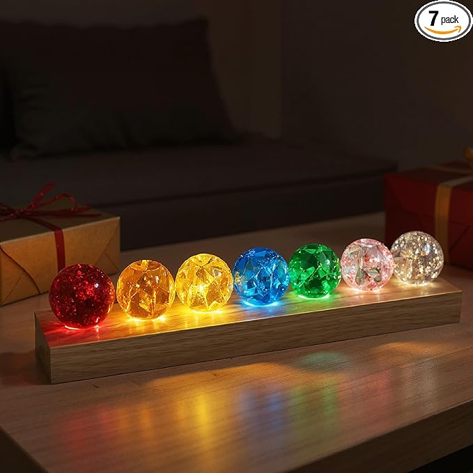 L LOHAS LED 7 Colors 40mm Ice Cracked Balls Crystal Chakra Balls with LED Wooden Base Glass Healing Sphere Balls with Stand Night Light Decoration Quartz for Home Living Room