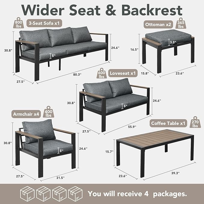 Patio Furniture Set 11 Seats and Coffee Table, 9 Pieces Patio Conversation Set with Thick Cushion, Ottomans, Deluxe Aluminum Modern Outside Sectional for Porch, Balcony, Deck, Yard, Dark Gray