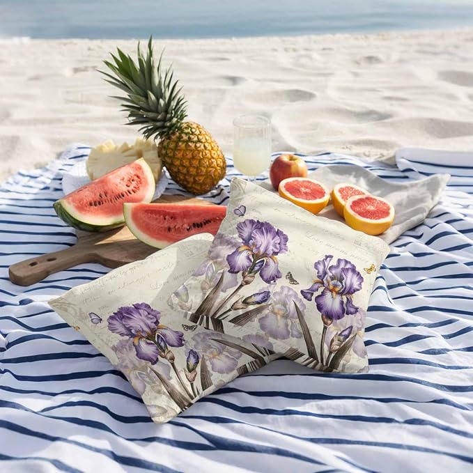 Purple Iris Outdoor Pillow Covers 16x16 Inch Throw Pillow Covers Set of 2 Waterproof Decorative Pillow Cases Spring Vintage Butterfly Leaves Flowers Beige Cushion Covers for Patio Furniture Garden