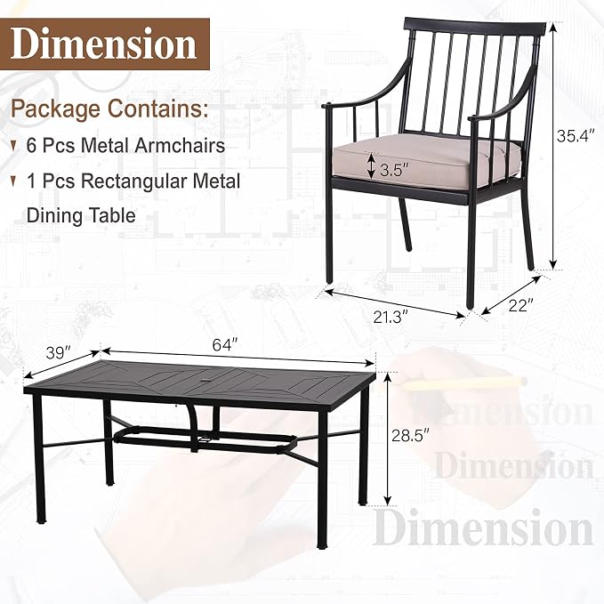 Sophia and William Patio Dining Set, 7 PCS | E-Coated and Steel, Rectangle Table, Straight Legs Chairs, 1.77" Umbrella Hole, Weather-Resistant, Easy to Clean