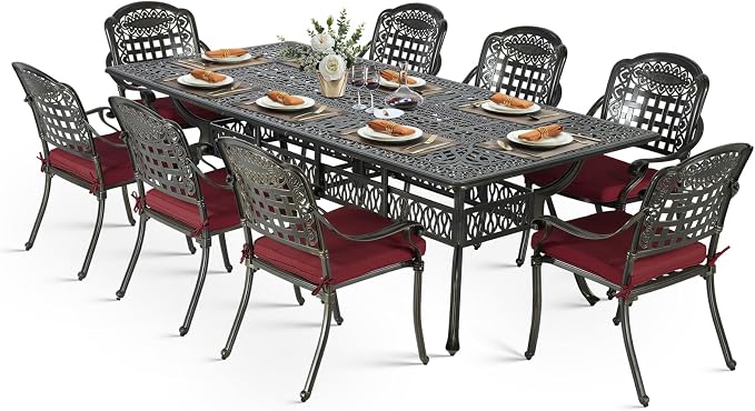 VIVIJASON 9-Piece Outdoor Dining Set, Cast Aluminum Retro Patio Furniture Table and Chairs Set for 8, Include Large 94.5" Rectangular Dining Table and 8 Chairs with Umbrella Hole, Red Cushion