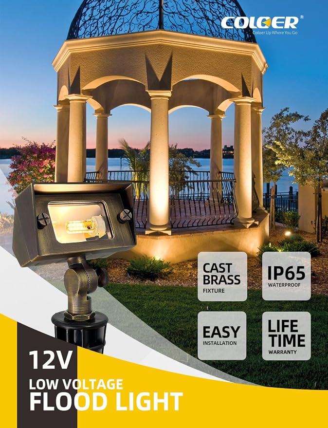 COLOER Brass Small Rectangular Flood Lights Outdoor with 3W 2700K Warm White LED G4 Bulb, 12V Low Voltage Landscape Outside Lights for House Illuminating Signs, Walls and Plant Material