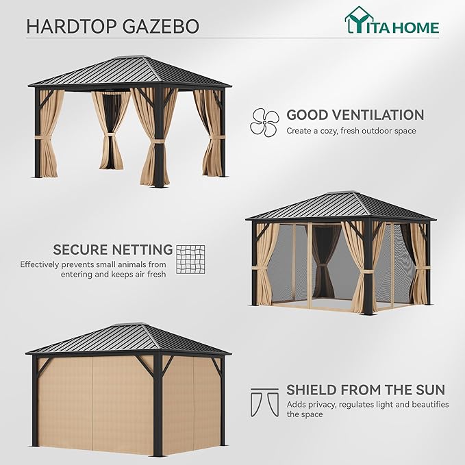 YITAHOME 10X12FT Hardtop Metal Gazebo Single Top Outdoor Patio Canopy Galvanized Iron Aluminum Column Garden Tent Curtains Netting for Backyards Decks Lawns,Brown
