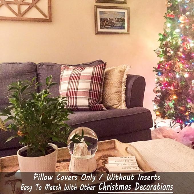 CARRIE HOME 24x24 Red Farmhouse Throw Pillow Cover Set of 2, Large Red Tartan Christmas Plaid Decorative Pillow Covers 24 x 24, Couch Pillows for Living Room Bedroom