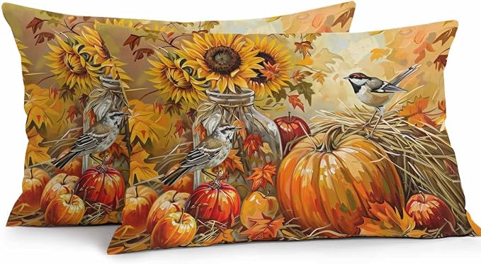 Fall Pumpkins Outdoor Pillow Covers 20x12 Inch Lumbar Pillow Covers Set of 2 Waterproof Decorative Throw Pillow Cases Sunflowers Birds Thanksgiving Oil Painting Cushion Covers for Patio Furniture