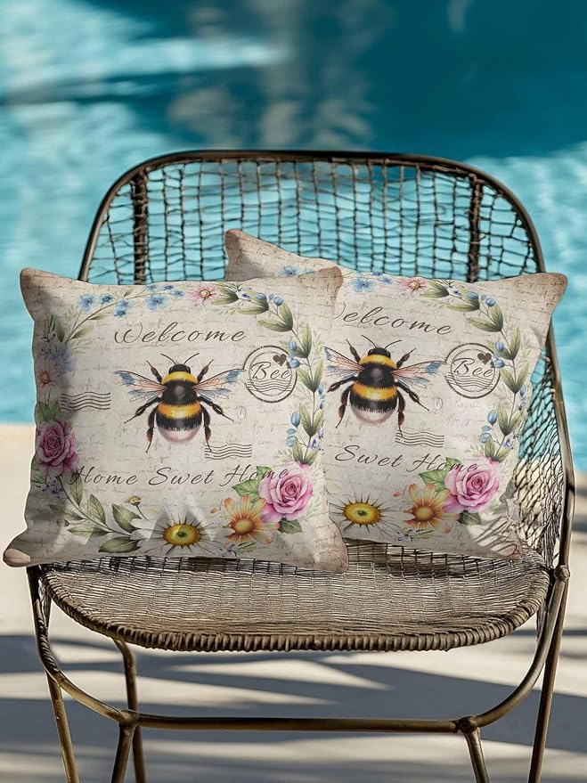 Outdoor Waterproof Throw Pillows Farmhouse Flower Leaf Wreath Patio Pillows Pack of 2,Decorative Pillow Covers with Insert,Pillow Cushion Case for Garden Couch Sofa Rustic Bee Retro Letter