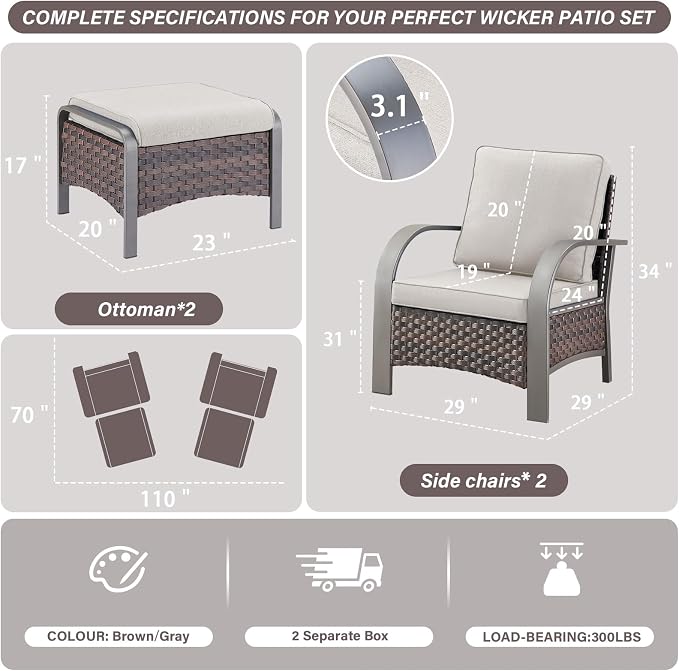 Belord 4 Pieces Wicker Patio Furniture Set Outdoor Patio Chairs with Ottomans All Weather Rattan Outdoor High Back Deep Seating Furniture for Porch Deck Sunroom Backyard
