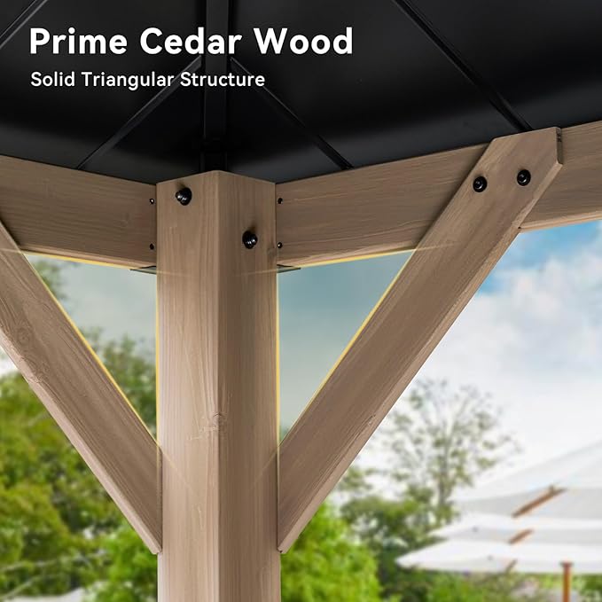 Aoxun 10' x 12' Outdoor Wood Gazebo, Hardtop Gazebo Permanent Wooden Pavilion with Galvanized Steel Double Roof, and LED Outdoor Waterproof Hanging Lights, for Patio, Garden, Deck, Cedar Wood, Grey