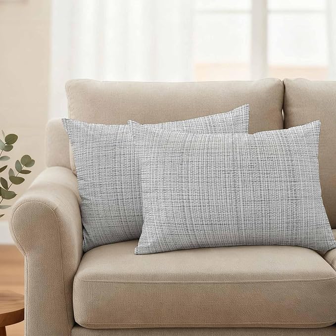 Outdoor Waterproof Throw Pillow Covers Set of 2 Grey Linen Texture Lumbar Pillowcases 20x12 Inches Solid Color Decorative Pillows Cushion Case Patio Pillows for Couch Bed Chair Garden