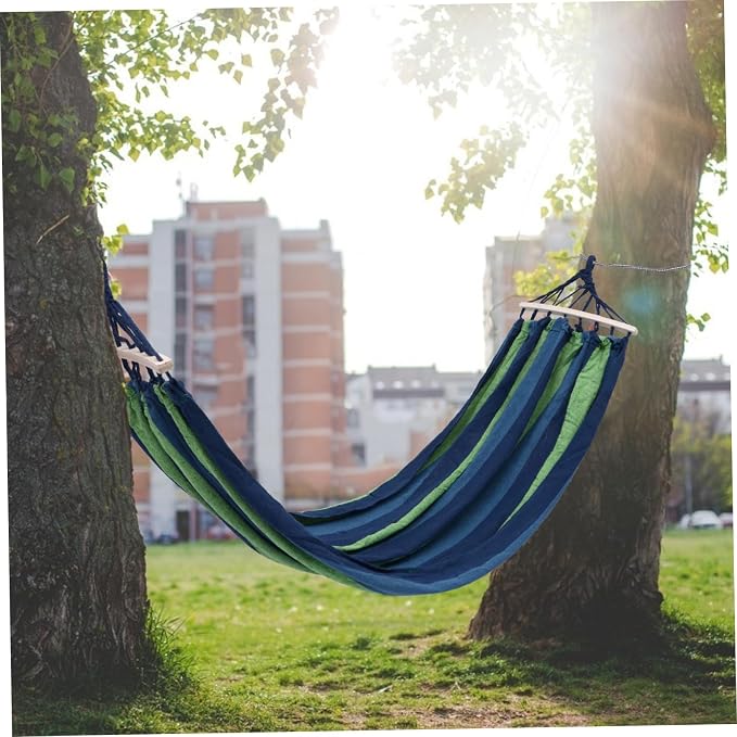 Portable Outdoor Travel Hammock Striped Canvas Swing Bed Lightweight Breathable Easy Assembly for Camping Beach Backyard Use