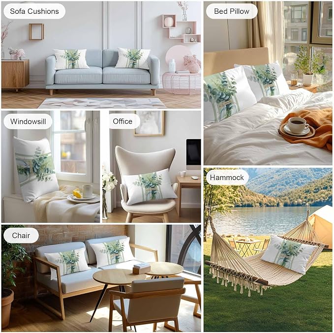 Sage Green Eucalyptus Leaves Outdoor Pillow Covers 20x12 Inch Lumbar Pillow Covers Set of 2 Waterproof Decorative Throw Pillow Cases Farmhouse Stripe Botanical Cushion Covers for Patio Furniture