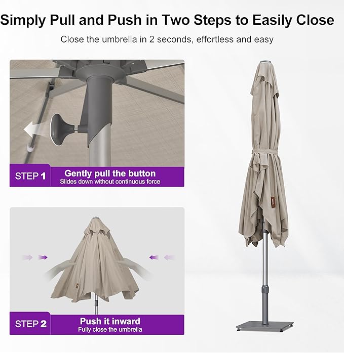 PURPLE LEAF 6 X 10 FT Semi-Auto Outdoor Patio Umbrella with Base Market Table Sun Umbrellas with 6 Aluminum Sturdy Ribs for Backyard Deck Garden Pool (Silver Pole Beige Canopy)