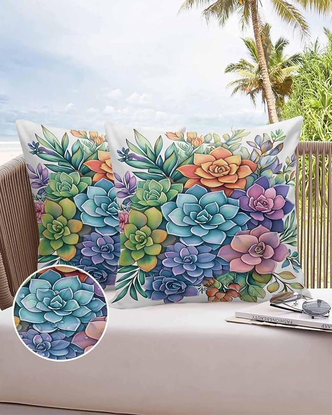 Outdoor Waterproof Pillow Covers Watercolor Succulent Plants Set of 2 Decorative Outdoor Pillowcases Floral Cushion Cases for Patio Funiture Garden Couch Bench 20 x 20 Inches