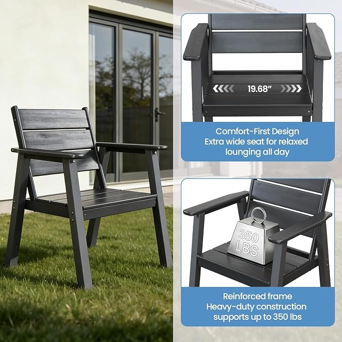 Outdoor Dining Chairs Set of 2,HDPE Patio Chairs with Wide Seat,Ergonomic Design Outdoor Furniture for Porch,Backyard,Deck,Black