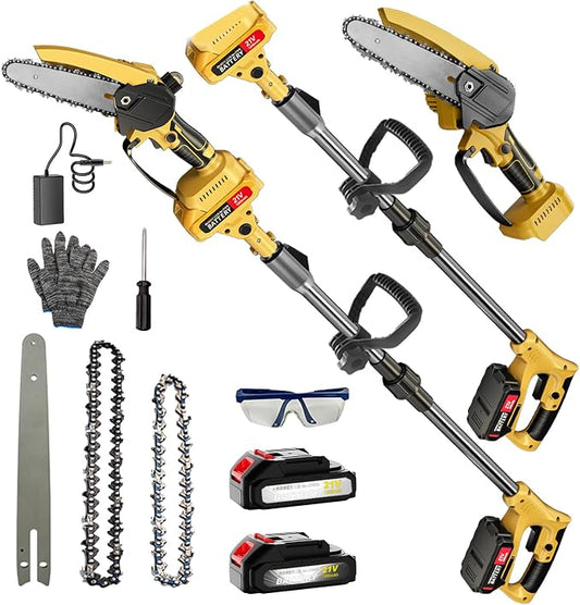 2-in-1 Cordless Pole Saw & Mini Chainsaw, 6-Inch Battery Powered Tree Trimmer with 4.4ft Extension Pole, 2 Batteries | Safe High Branch Pruning for Homeowners