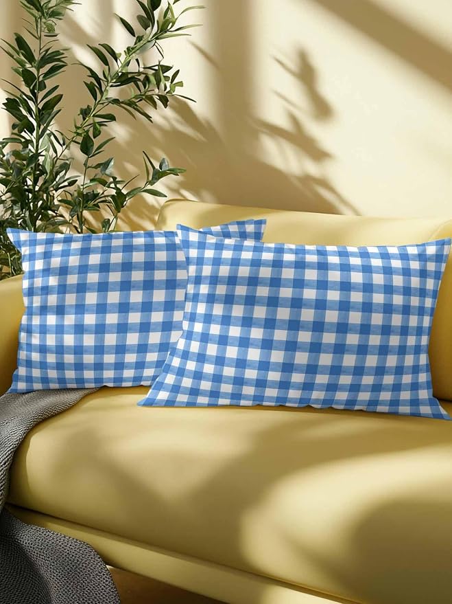 Outdoor Waterproof Throw Pillows Light Blue Gingham Check Patio Pillows Pack of 2,Decorative Pillow Covers with Insert,Pillow Cushion Case for Garden Couch Sofa Country Classic Plaid