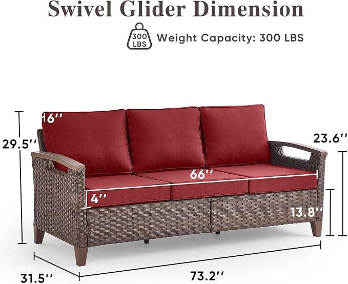Rilyson Luxury Wicker Outdoor Couch Patio Sofa, 3 Seater Rattan Patio Couch Water Resistant,Comfortable Cushions and Sturdy Metal Frame for Outside Porch Deck Backyard, Brown/Red
