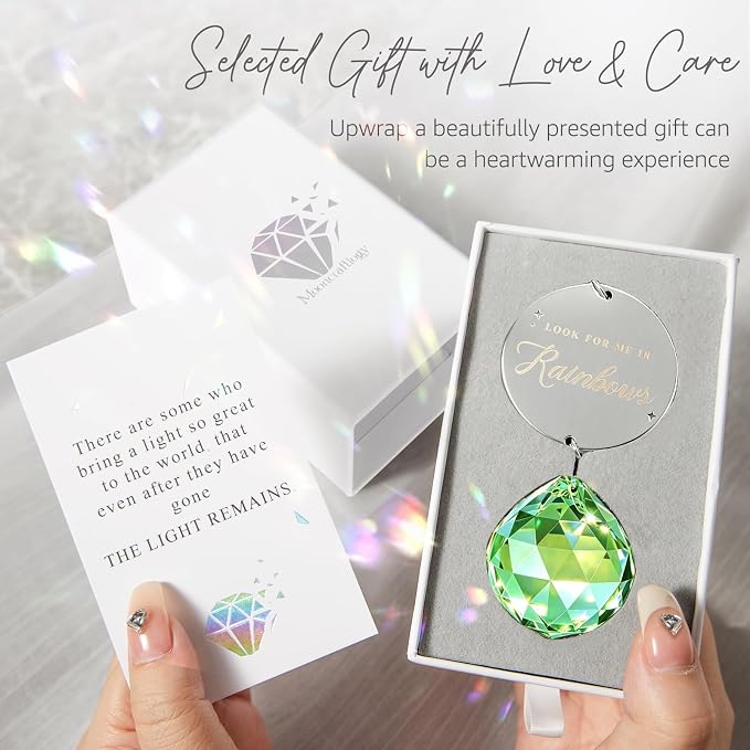 Mooncraftlogy Memorial Gifts for Loss of Loved One, Unique Sympathy Idea, Green Crystal Ball Grief Suncatcher, Rainbow Bereavement Box for Mom Dad Husband Son Daughter