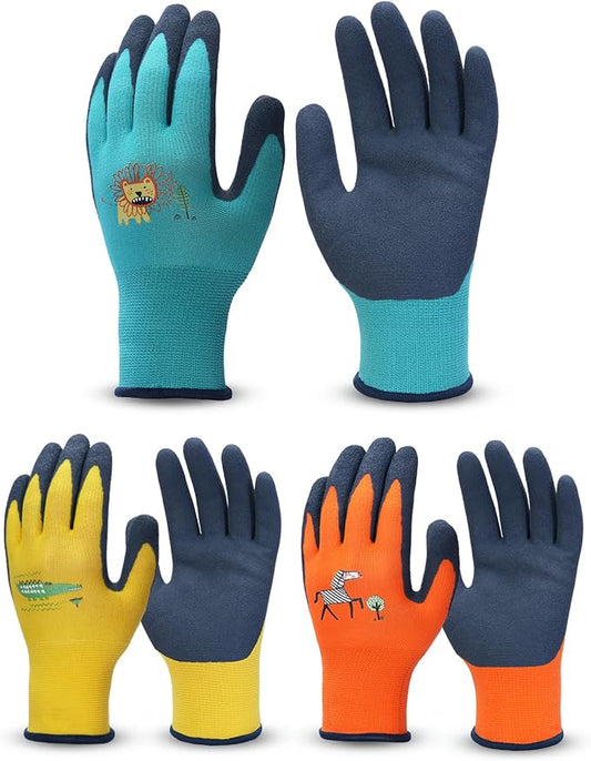 3/6 Pairs Kids Gardening Gloves, Skin-Friendly Rubber Coated Childrens Garden Gloves, Toddler Work Gloves Boys Girls