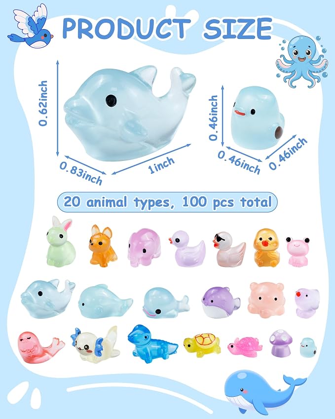 FIVEIZERO 100PCS Luminous mini Resin Animals Bulk - 20 Styles Glow in The Dark Plastic Tiny Animals Figures for Dollhouse, Fairy Garden, Aquarium, Party Favors & DIY Craft Decor