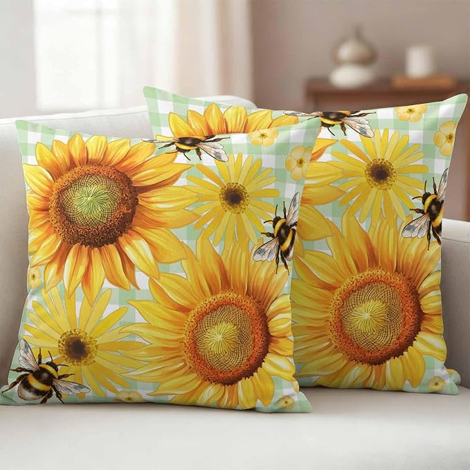 Outdoor Throw Pillow Covers,Pastoral Sunflower Bee Waterproof Decorative Pillowcases Cushion Cover Spring Daisy Floral Buffalo Plaid Pillow Cases for Patio Couch Sofa Bed,24x42in Set of 2