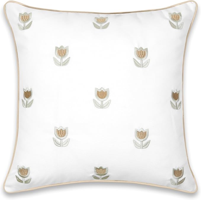 Hofdeco Premium Coastal Patio Indoor Outdoor Throw Pillow Cover Only, 20”x20” Water Repellent for Backyard, Couch, Tan Embroidered Tulips Floral with Piping (Pack of 2)