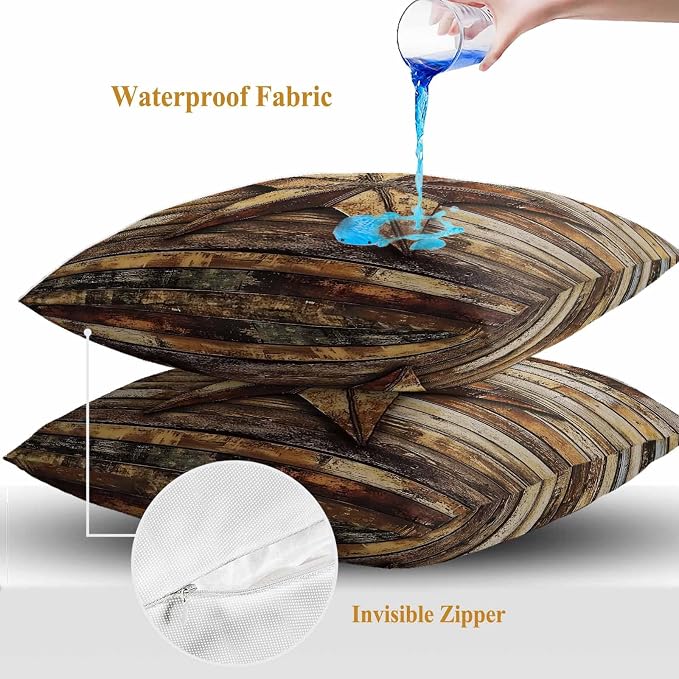 Retro Star Outdoor Waterproof Throw Pillow Covers Set of 2, 18"x18", Abstract Metal Stars Old Weathered Wood Grain Decorative Pillow Covers Outside Cushion Case for Patio Porch Garden