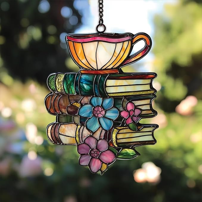 Book Tea Acrylic Suncatcher, Bookish Suncatchers for Window Hanging Ornament, Art Garden Decor for Book Lover Reader Bookworm, Gifts for Mother's Day, Mom, Grandma, Wife, Women, Nana