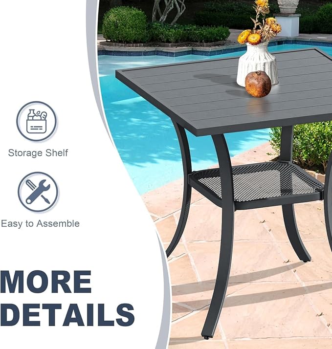 VICLLAX 3 Pieces Patio Outdoor Dining Set, 2 Swivel Textilene Chairs and 27.6" Square Metal Table with Storage for Porch, Deck, Garden, Black