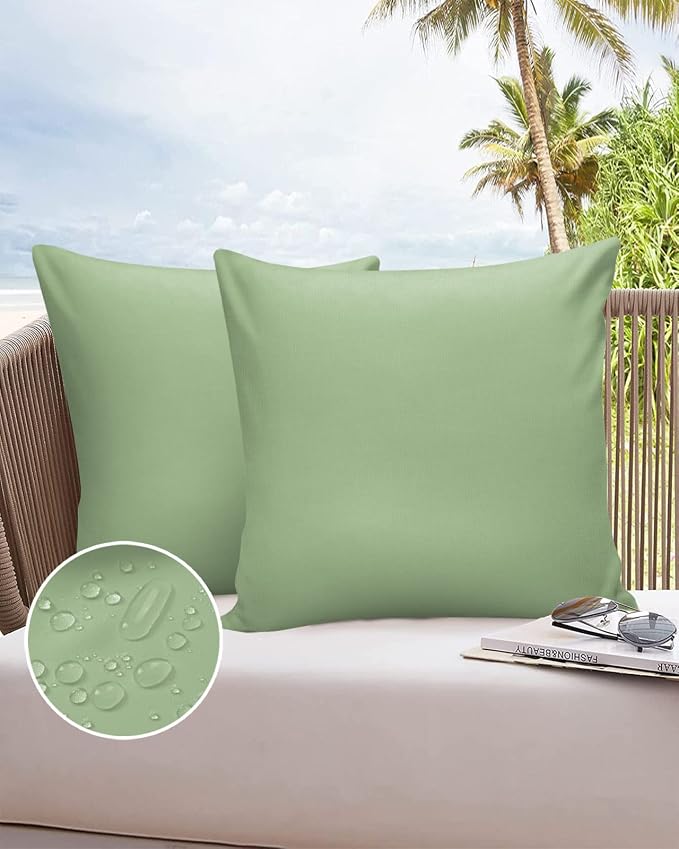Outdoor Waterproof Throw Pillow Covers Set of 2 Sage Green Pillowcases 18x18 Inches Solid Green Color Patio Decorative Pillows Cushion Case Patio Pillows for Couch Bed Chair Garden