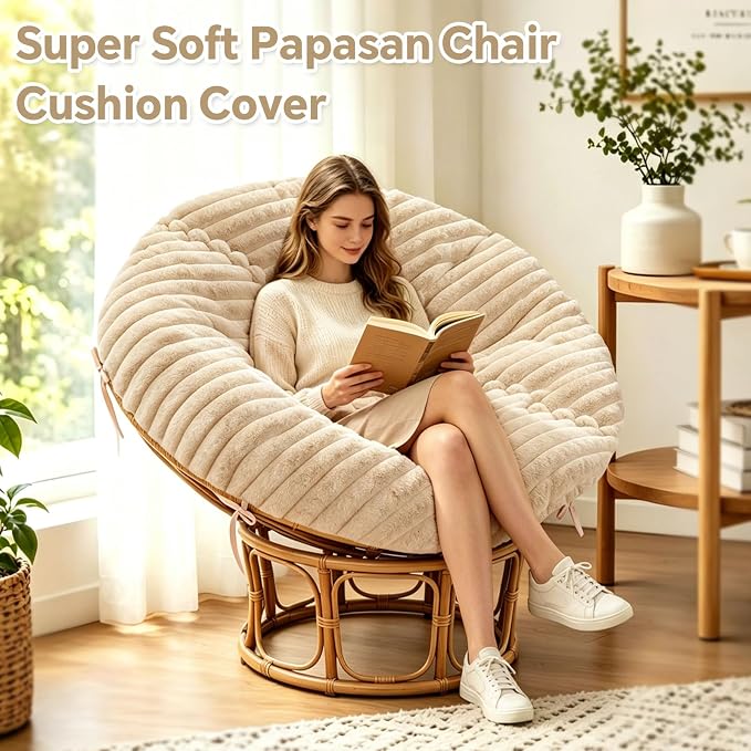 Fluffy Shaggy Cover for Papasan Cushion Cover, 55 Inch, Machine Washable | Super‑Soft Faux Fur Papasan Chair Cushion Cover, 8 Ties Keep Cover Secure, Long‑Zipper for Easy Removal, khaki (Only Cover)