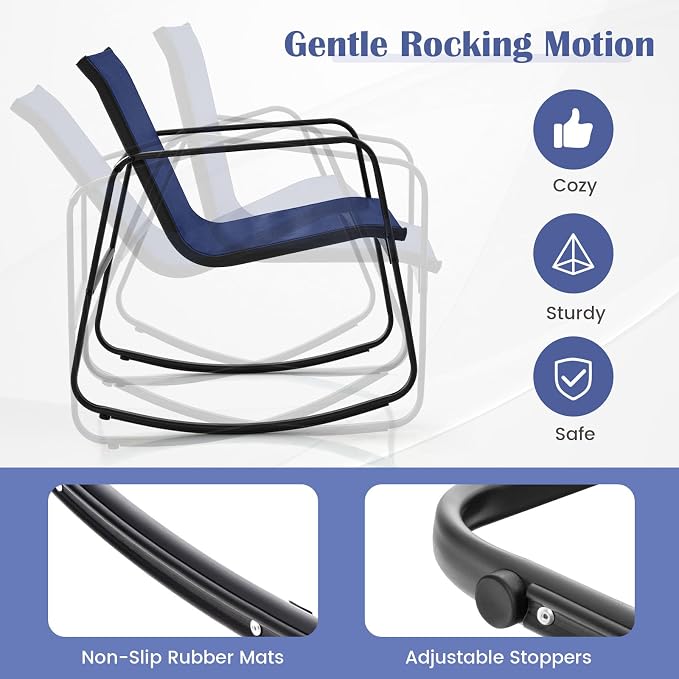 Tangkula 4 Piece Rocking Patio Furniture Set, 2 Rocking Chairs & Loveseat with Glass-Top Table, Patio Rocking Set with Smooth Rocking Motion, Outdoor Rocker Conversation Set for Porch, Yard (1, Navy)