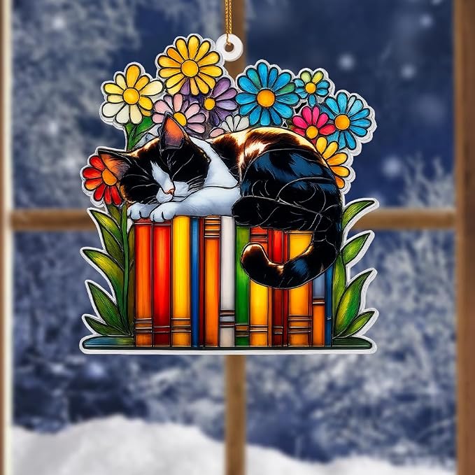 Cat Book Ornament – Stained Glass Style Acrylic Christmas Ornament, Book Lover Gifts for Women, Teacher & Librarian Holiday Decorations, Bookworm Fantasy Ornament for Reading Nook or Tree(Sun-16)