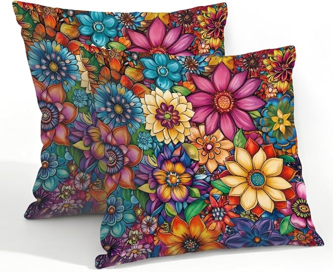 22x22 Inch Outdoor Pillow Covers Set of 2 Waterproof Throw Pillow Covers Decorative Couch Cushion Covers Bright Floral Mandala Square Pillowcases Protectors for Patio Garden Sofa