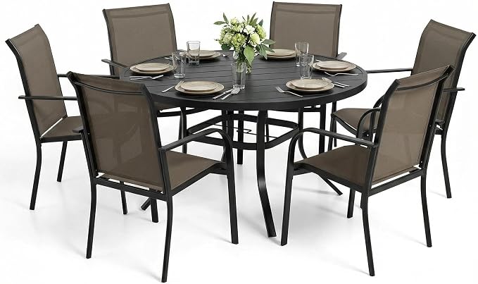SUNCROWN 7 - Piece Outdoor Dining Set, Patio Furniture Set with 6 x Textilene Dinning Chairs and 53" Metal Round Table with Umbrella Hole for Lawn Garden Backyard Deck, Brown