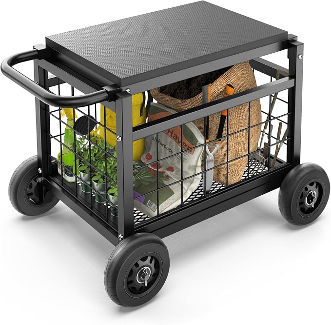 Garden Cart with Seat,3-in-1 Rolling Seat with Wheels for Gardening Seniors | Upgraded Heavy Duty Gardenning Cart with Seat, Supports up to 600 LBS for Seniors, Lawn, Patio & Backyard Gardening, Black