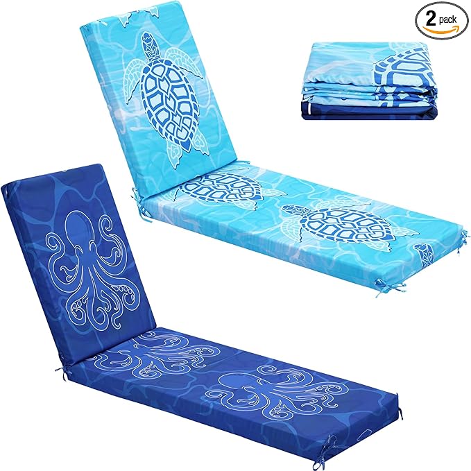 2 Pack Chaise Lounge Cushion Covers Outdoor (Not Includes Cushions) Waterproof Chair Cushion Replacement Covers 72 x 21 x 3 Inch for Patio Pool Lawn Slipcover with Ties (Ocean)
