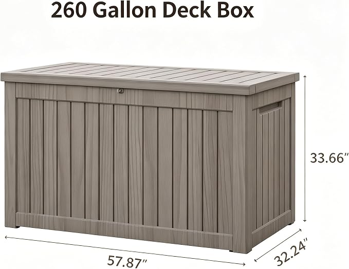 LAUSAINT HOME 260 Gallon Resin Deck Box, Outdoor Toy Storage Box, Package Delivery Box with Lockable Lid, Waterproof Outdoor Storage Box For Garden Tools, Patio Cushions(260 Gallon,Grey)