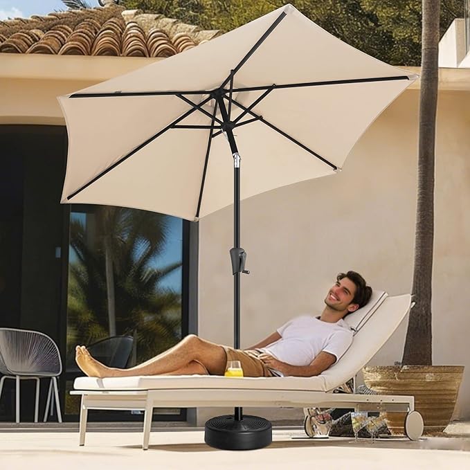 FLAME&SHADE 9ft Patio Umbrella Outdoor - Table Umbrella with Push Button Tilt and Crank, UV Protection, 6 Sturdy Ribs, Market Umbrella for Garden, Deck, Backyard, Lawn, Pool and Beach(Beige)