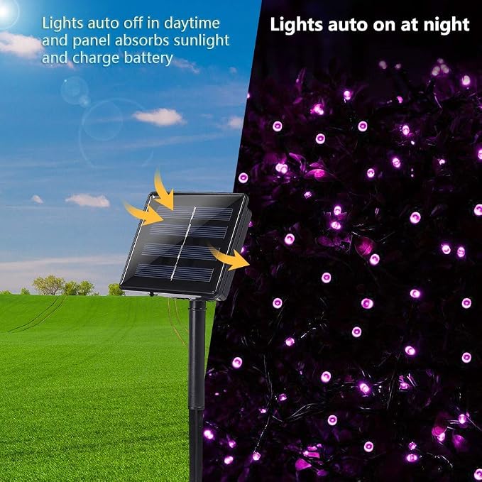 Toodour Solar Christmas Lights Outdoor, 2 Packs Total 144ft 400 LED Solar String Lights with 8 Mode, Outdoor Christmas String Light for Garden, Patio, Fence, Balcony, Xmas Tree Decor - Purple