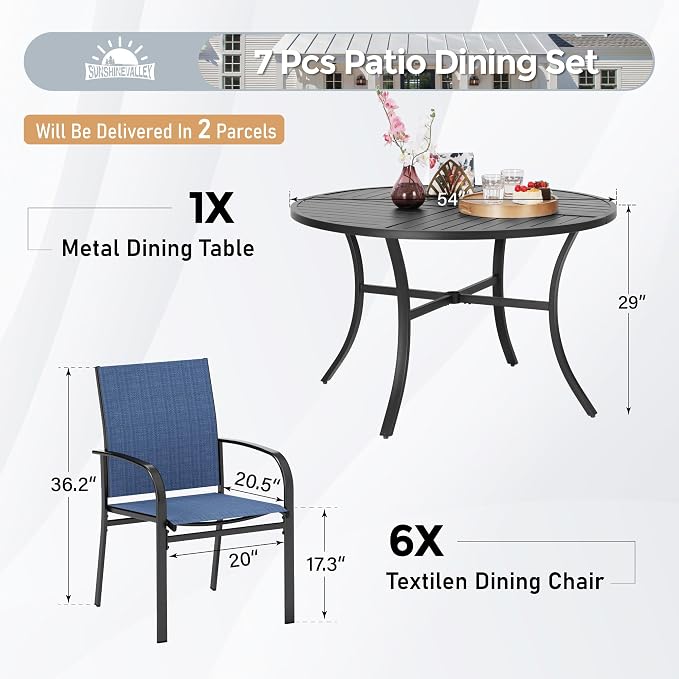 SUNSHINE VALLEY 7 Piece Outdoor Dining Set for 6, 54" Round Metal Table with Umbrella Hole, 6 Blue Dining Chairs, Patio Table and Chairs Set for Backyard Lawn
