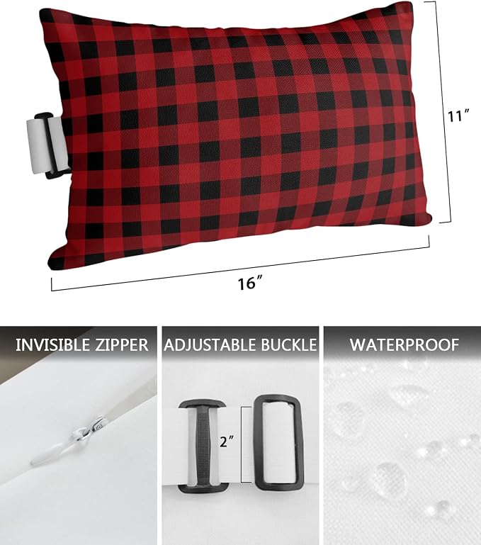 Outdoor Pillows Covers with Inserts Rustic Red and Black Buffalo Plaid Waterproof Recliner Pillow with Adjustable Strap Throw Pillows for Patio Furniture Pool Lounge Chair, 11x16 inch, 1PCS
